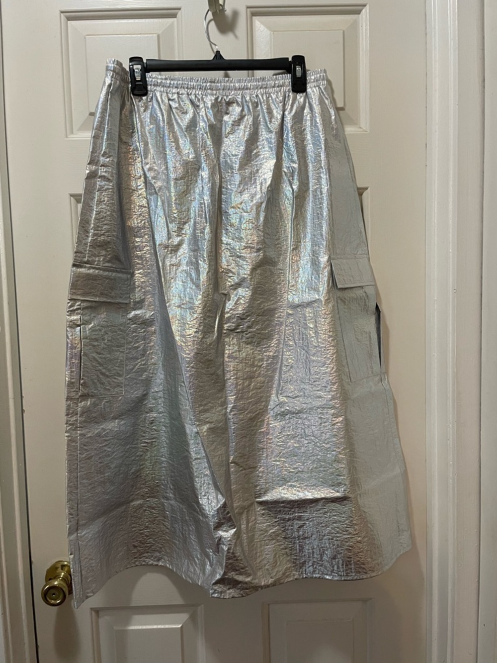 By Anthropologie Iridescent Metallic Silver Cargo Midi Skirt with Front Slit - Picture 2 of 9